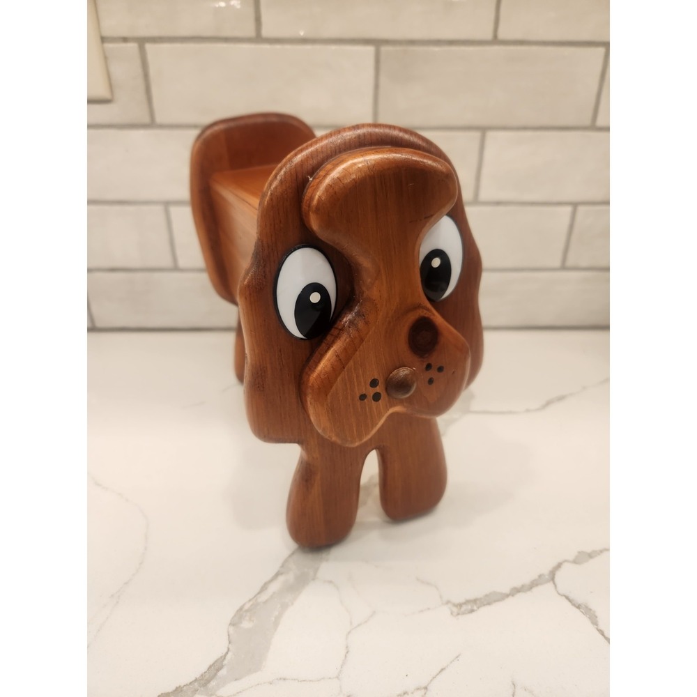Vintage Kitschy Handmade‎ Solid Wood Dog Puppy Coin Bank with Big Plastic Eyes